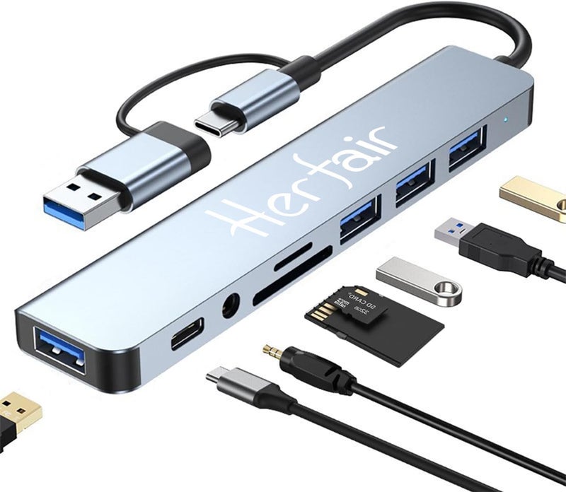 Herfair USB Hub 3.0 USB C Hub with SD Card Reader Audio Jack 8 in 1 USB Extender Splitter Multiport Dongle Adapter for MacBook Pro Air and More PC/Laptop/Tablet Devices - Image 1